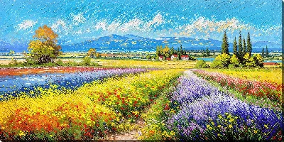 Картина маслом Пейзаж с полями цветов и домами на фоне гор