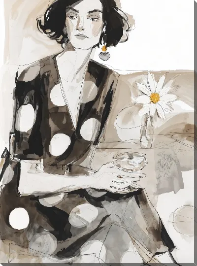 Картина маслом Женщина с коктейлем и цветком на столе в квартире