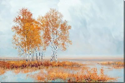 Картина маслом Осень в лесу у озера с берёзами и желтыми листьями