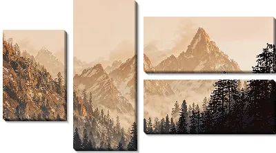 Модульная картина Горы и леса на рассвете, солнечные лучи пробиваются сквозь облака