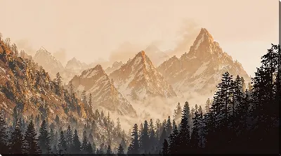 Картина маслом Горы и леса на рассвете, солнечные лучи пробиваются сквозь облака