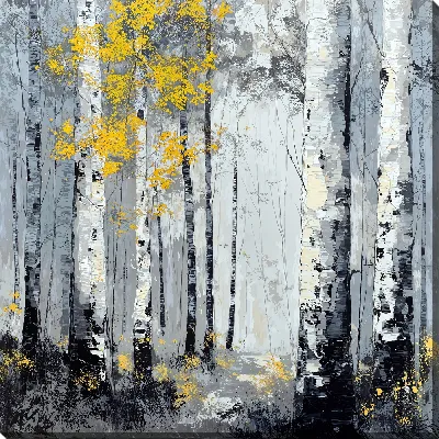 Картина маслом Лес с берёзами и жёлтыми листьями осенью