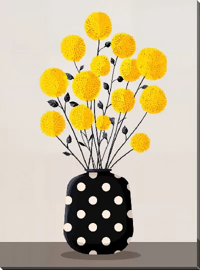 Картина маслом Цветы в черной вазе с белыми точками стоят на столе