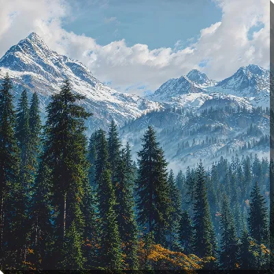 Картина маслом Горы и леса на фоне ясного неба и облаков в осенний день