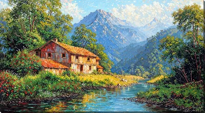 Картина маслом Деревянный дом у реки, окруженный горами и природой в ясный день