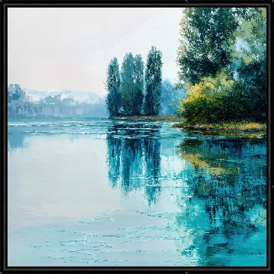 Картина Река с деревьями и отражениями воды на фоне здания