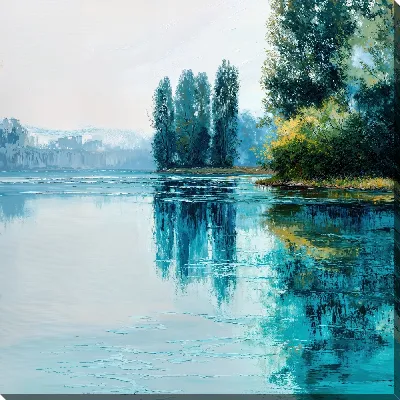 Картина маслом Река с деревьями и отражениями воды на фоне здания