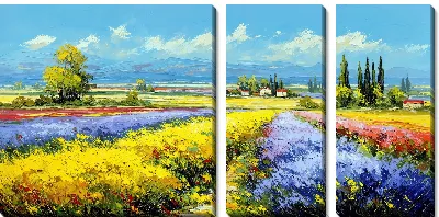 Модульная картина Поля с цветами рядом с деревней в солнечный день с ясным небом