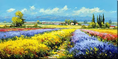 Картина маслом Поля с цветами рядом с деревней в солнечный день с ясным небом