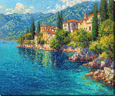 Картина маслом Красивая прибрежная линия с домами и горами на фоне солнечного дня в Италии