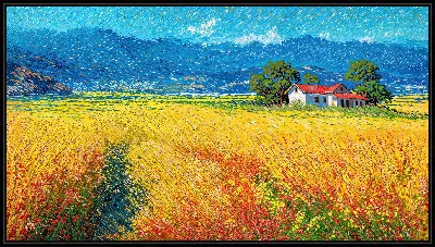 Картина Летний день на поле с домом и горами вдалеке