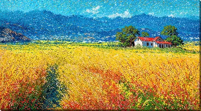 Картина маслом Летний день на поле с домом и горами вдалеке