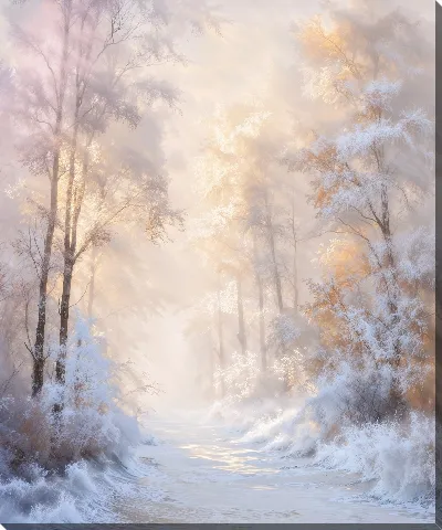 Картина маслом Зимний лес с волнами и покрытыми снегом деревьями в утреннем свете