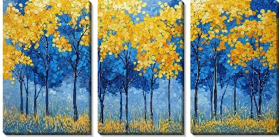 Модульная картина Деревья с желтыми листьями на фоне голубого неба и травы