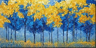 Картина маслом Деревья с желтыми листьями на фоне голубого неба и травы