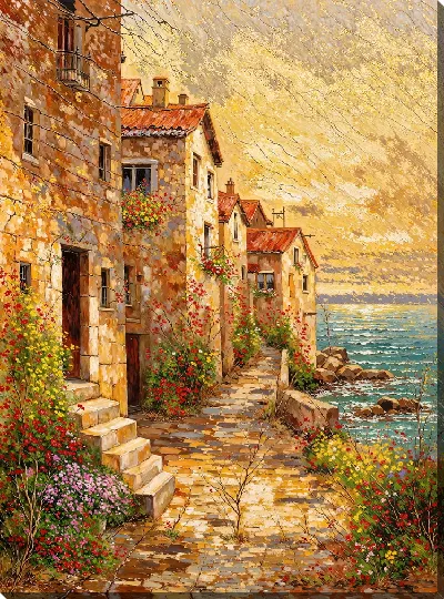 Картина маслом Море и дома на улице вечером у побережья