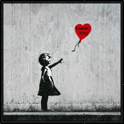 Картина Девочка держит красный шарик с надписью спасибо на стене