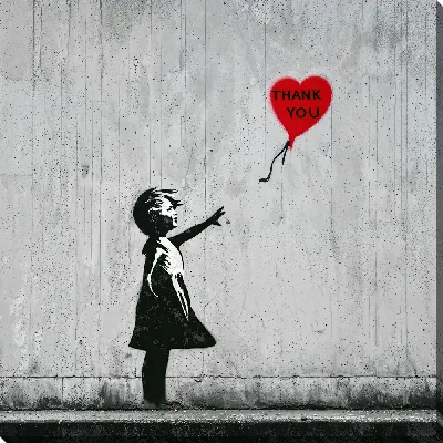 Картина маслом Девочка держит красный шарик с надписью спасибо на стене