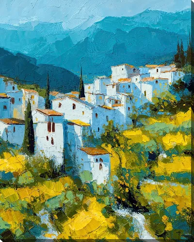 Картина маслом Пейзаж с белыми домами и зелеными холмами