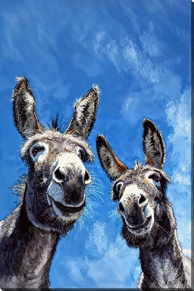 Картина маслом Два осла смотрят в камеру на фоне голубого неба с облаками