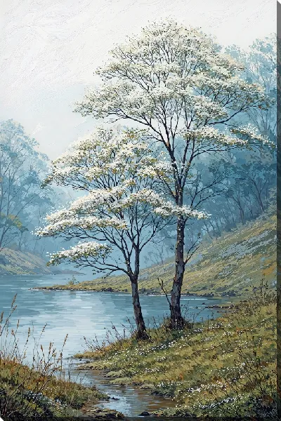 Картина маслом Деревья у реки в весенний вечер на фоне тумана и спокойной воды