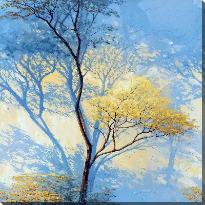 Картина маслом Дерево на фоне синего неба и нежного света в осенний день