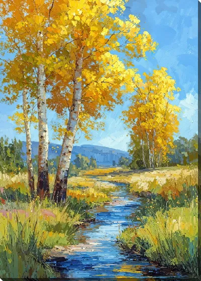 Картина маслом Осень у ручья с берёзами и золотыми листьями