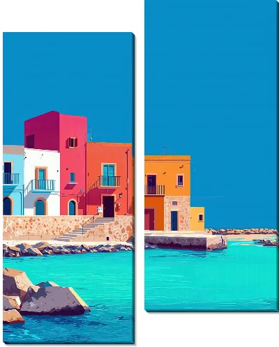 Модульная картина Красивая набережная с разноцветными домами у воды в ясный день