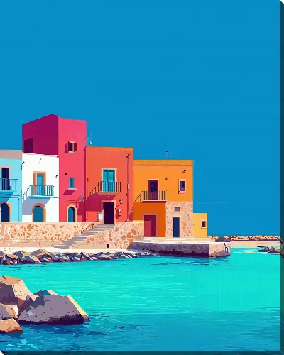 Картина маслом Красивая набережная с разноцветными домами у воды в ясный день