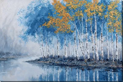 Картина маслом Осень в лесу у воды, берёзы и отражения в спокойной воде в утренний час