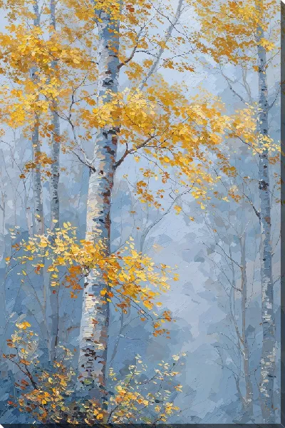 Картина маслом Лес осенью с берёзами и желтой листвой в тумане утром