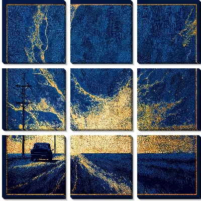 Модульная картина Небо над дорогой в конце дня. Автомобиль едет по пустой улице в вечернее время