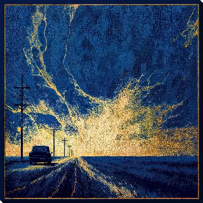 Картина маслом Небо над дорогой в конце дня. Автомобиль едет по пустой улице в вечернее время