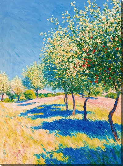 Картина маслом Деревья цветут на поле под голубым небом на ярком солнечном дне