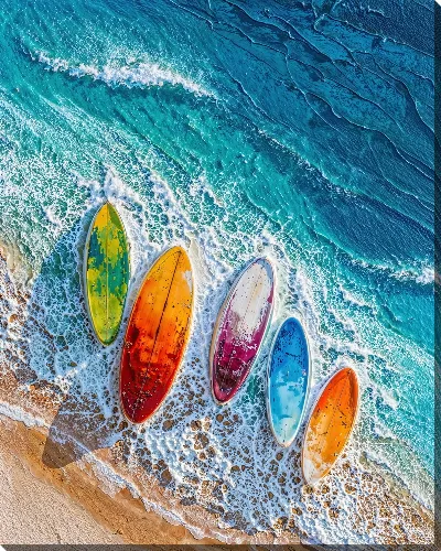 Картина маслом Лодки на берегу среди волн в солнечный день на пляже