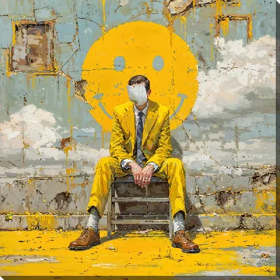 Картина маслом Мужчина в желтом костюме сидит на лестнице у стены с улыбающимся смайлом