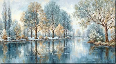 Картина маслом Зимний пейзаж с рекой и деревьями на фоне снега и льда