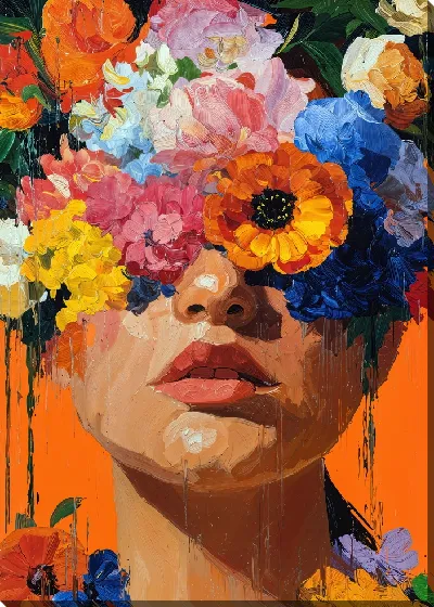 Картина маслом Женщина с цветами на лице позирует на оранжевом фоне в ярком образе