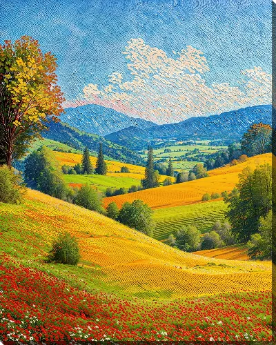 Картина маслом Солнечный день на цветущем лугу у гор