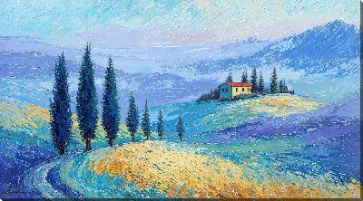 Картина маслом Загородный дом на холме среди полей в ясный день