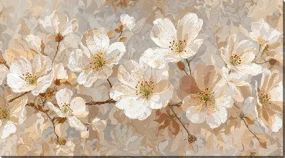 Картина маслом Цветы распускаются на ветках, красивый узор с нежными белыми цветами и коричневым фоном