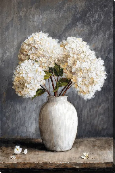 Картина маслом Цветы в вазе на деревянном столе на сером фоне в интерьере