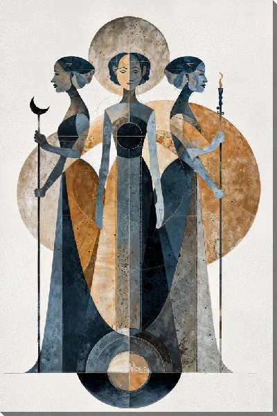 Картина маслом Женщины с посохами и символами в абстрактном стиле на светлом фоне
