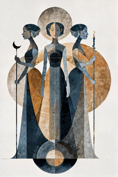 Плакат Женщины с посохами и символами в абстрактном стиле на светлом фоне