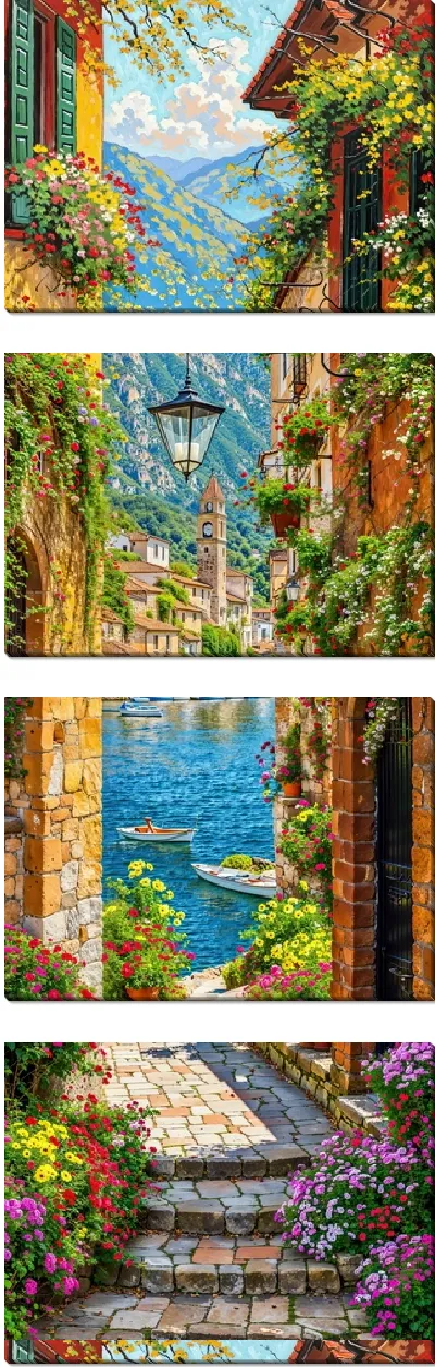 Модульная картина Узкая улица с цветами к реке и горам в небольшом городе