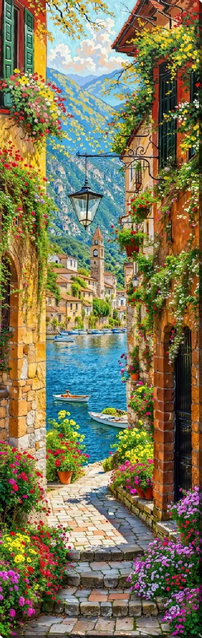 Картина маслом Узкая улица с цветами к реке и горам в небольшом городе