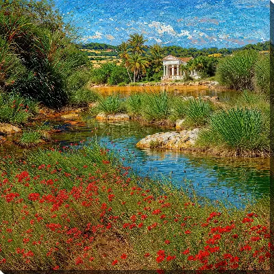 Картина маслом Природа у реки с зелеными растениями и красными цветами под голубым небом