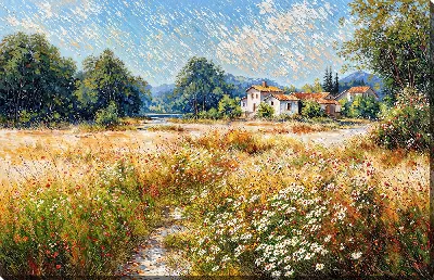 Картина маслом Пейзаж с домом и полем цветов на улице в солнечное время