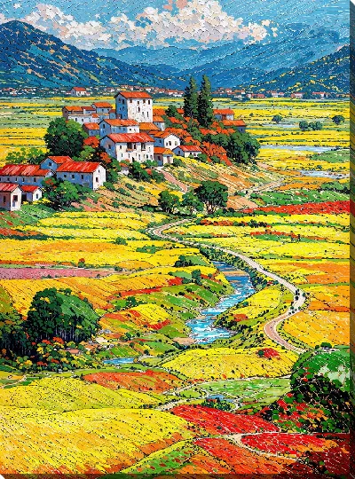 Картина маслом На горизонте видно село на холме с цветными полями вокруг