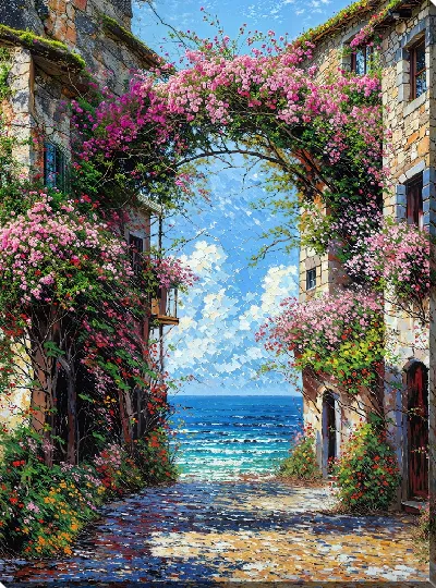 Картина маслом Улица с цветами и видом на море в солнечный день